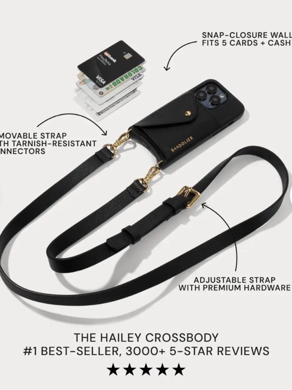 Bandolier Hailey Leather Black Gold Crossbody Phone Wallet Case iPhone 13 - Picture 2 of 9